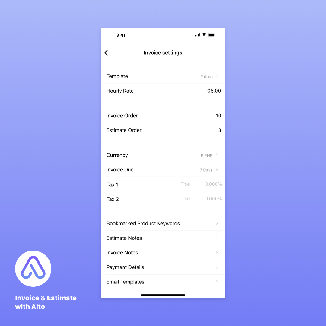 Alto Invoice Settings