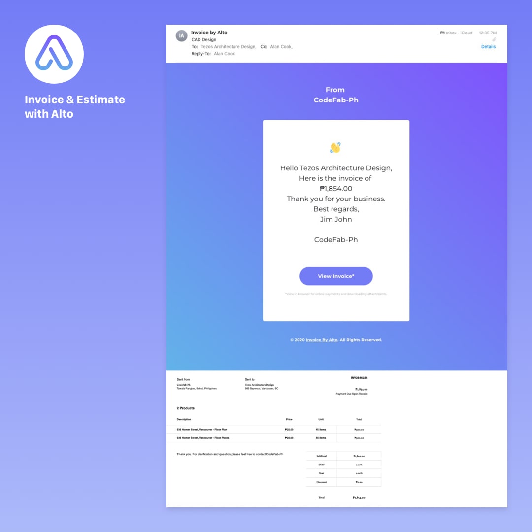Alto Tab Two - Invoice Email